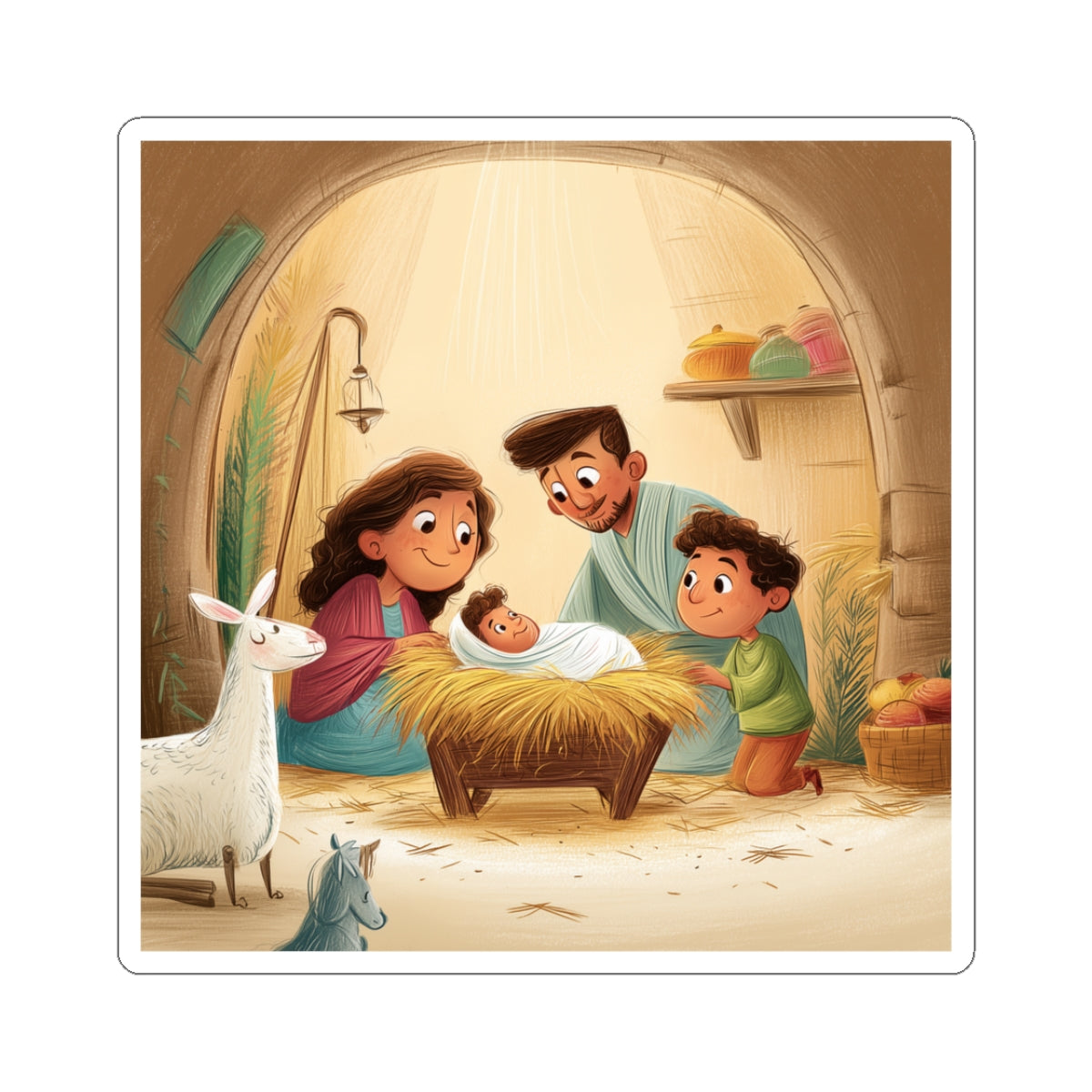 Nativity Scene Kiss-Cut Sticker — Cute Family Illustration