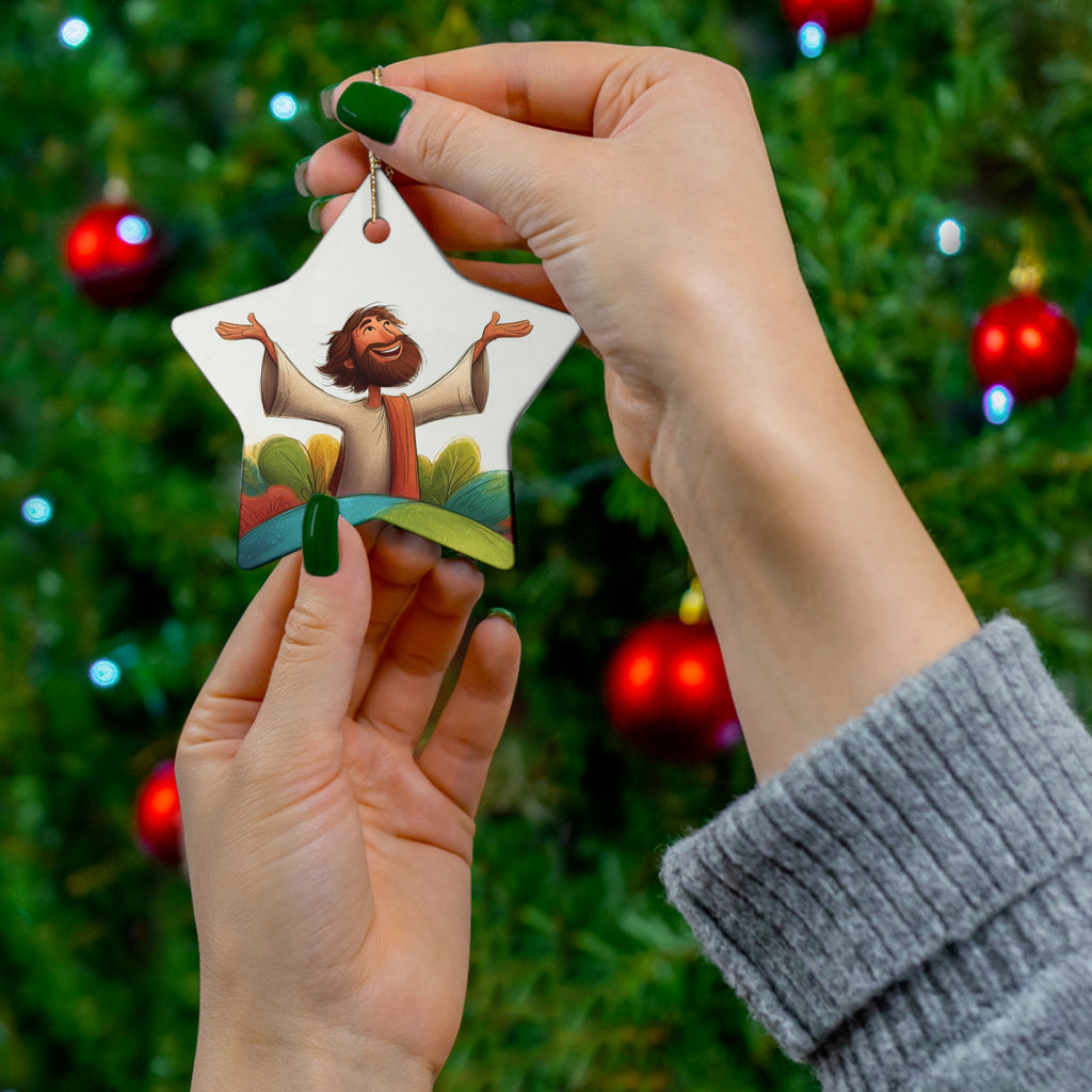 Jesus Illustration Ceramic Star Ornament — Joyful Christian Christmas Decoration
