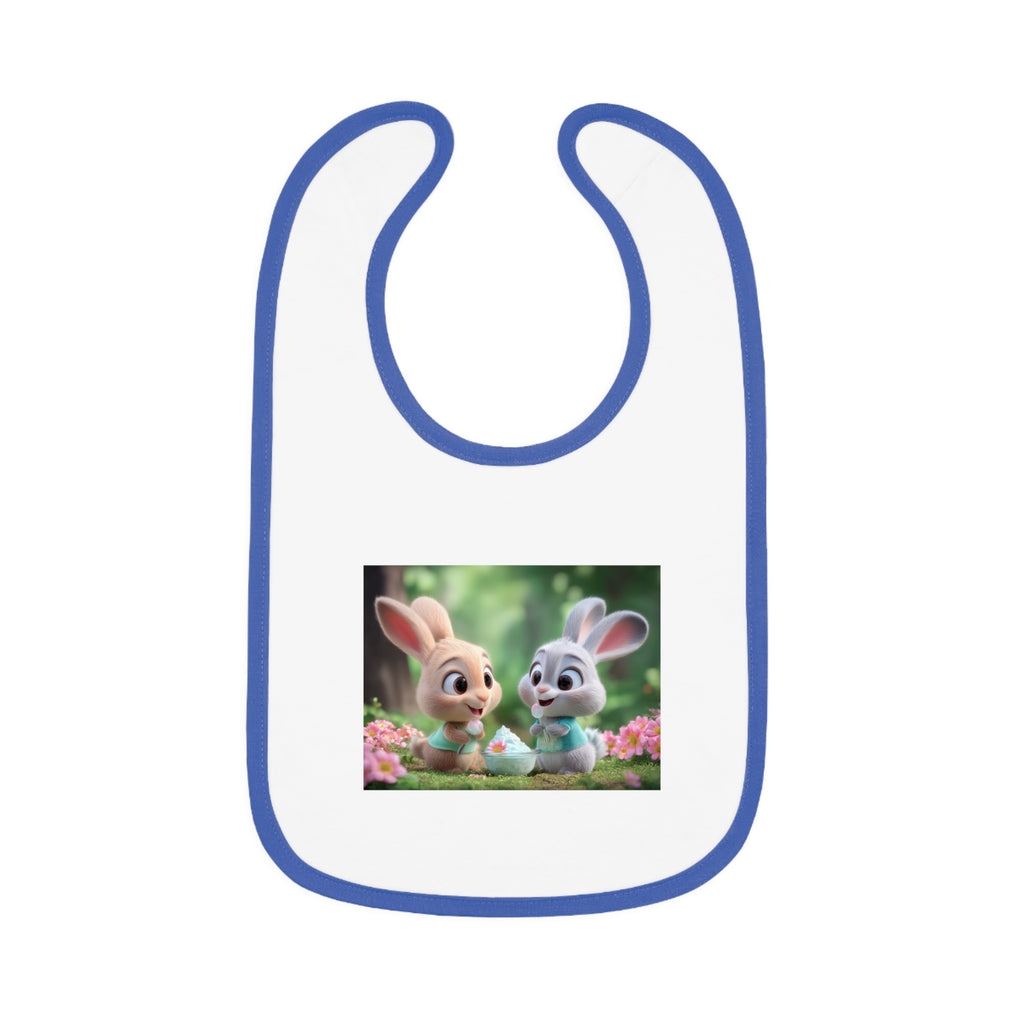 Baby Contrast Trim Jersey Bib - Bunnies eating yogurt