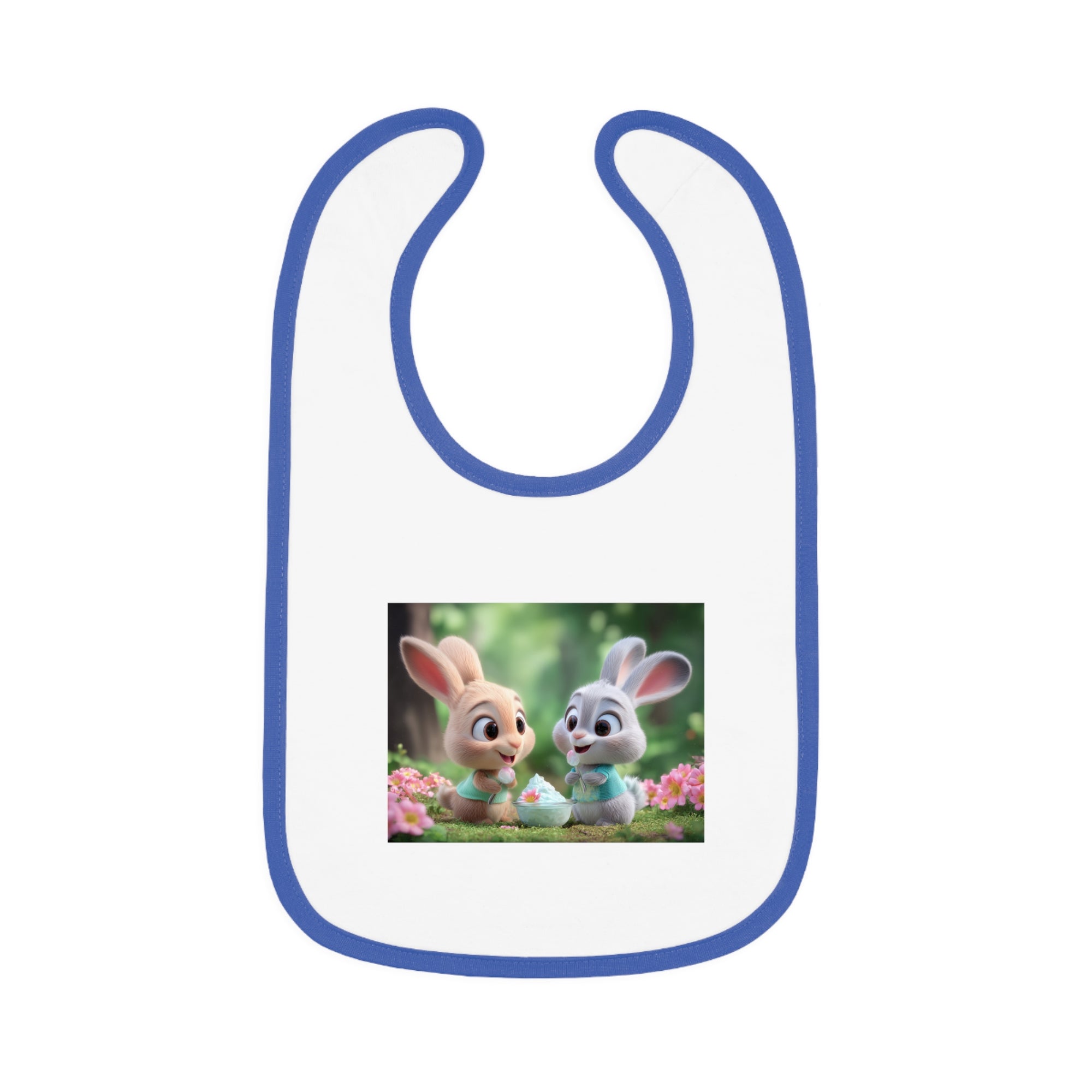 Baby Contrast Trim Jersey Bib - Bunnies eating yogurt
