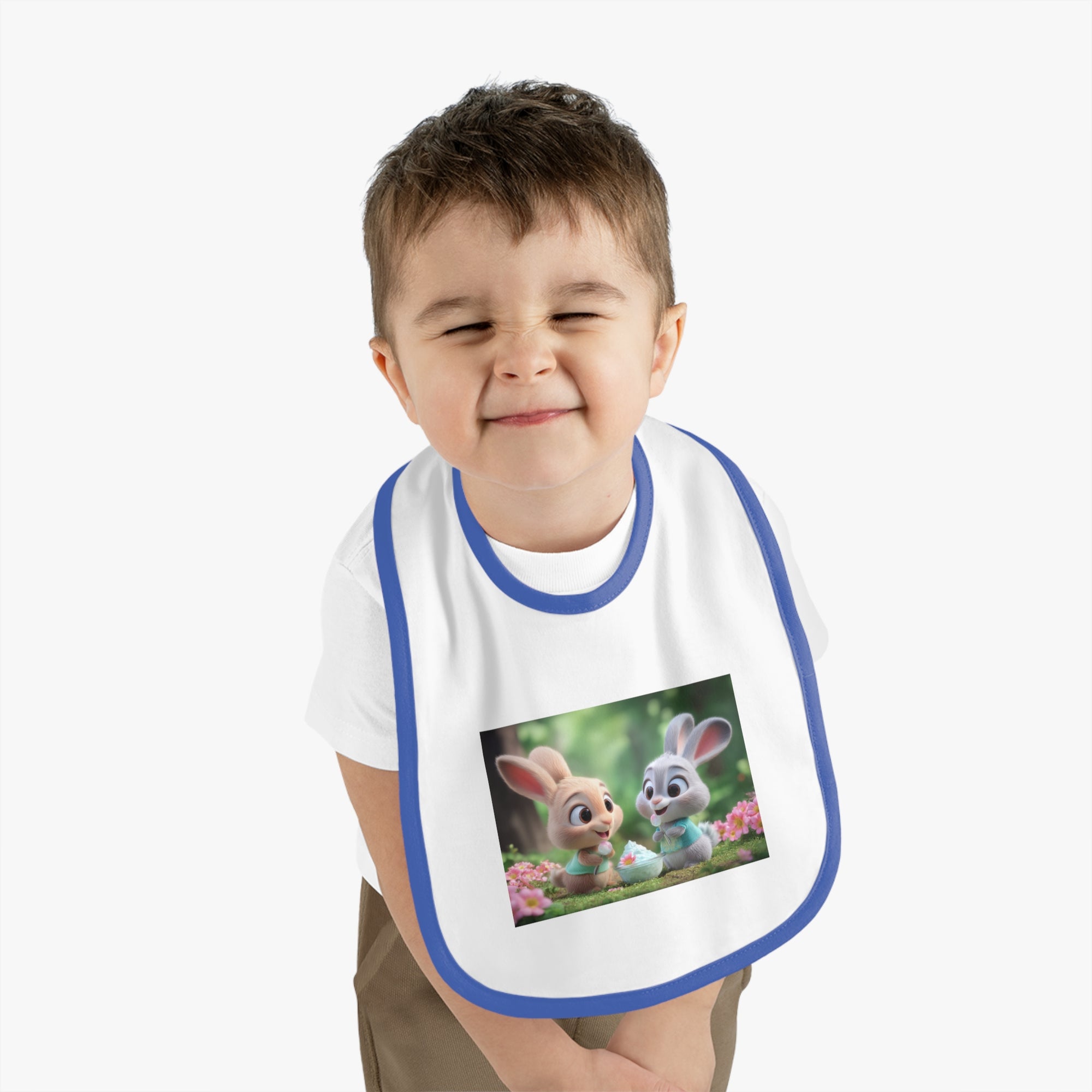 Baby Contrast Trim Jersey Bib - Bunnies eating yogurt