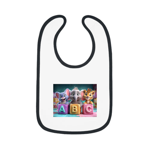 Baby Bib with Cute ABC Animal Blocks — Soft Contrast Trim Feeding Bib