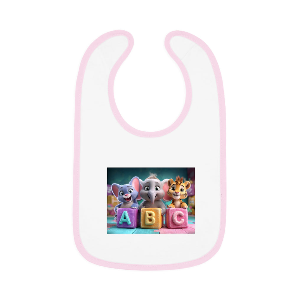 Baby Bib with Cute ABC Animal Blocks — Soft Contrast Trim Feeding Bib