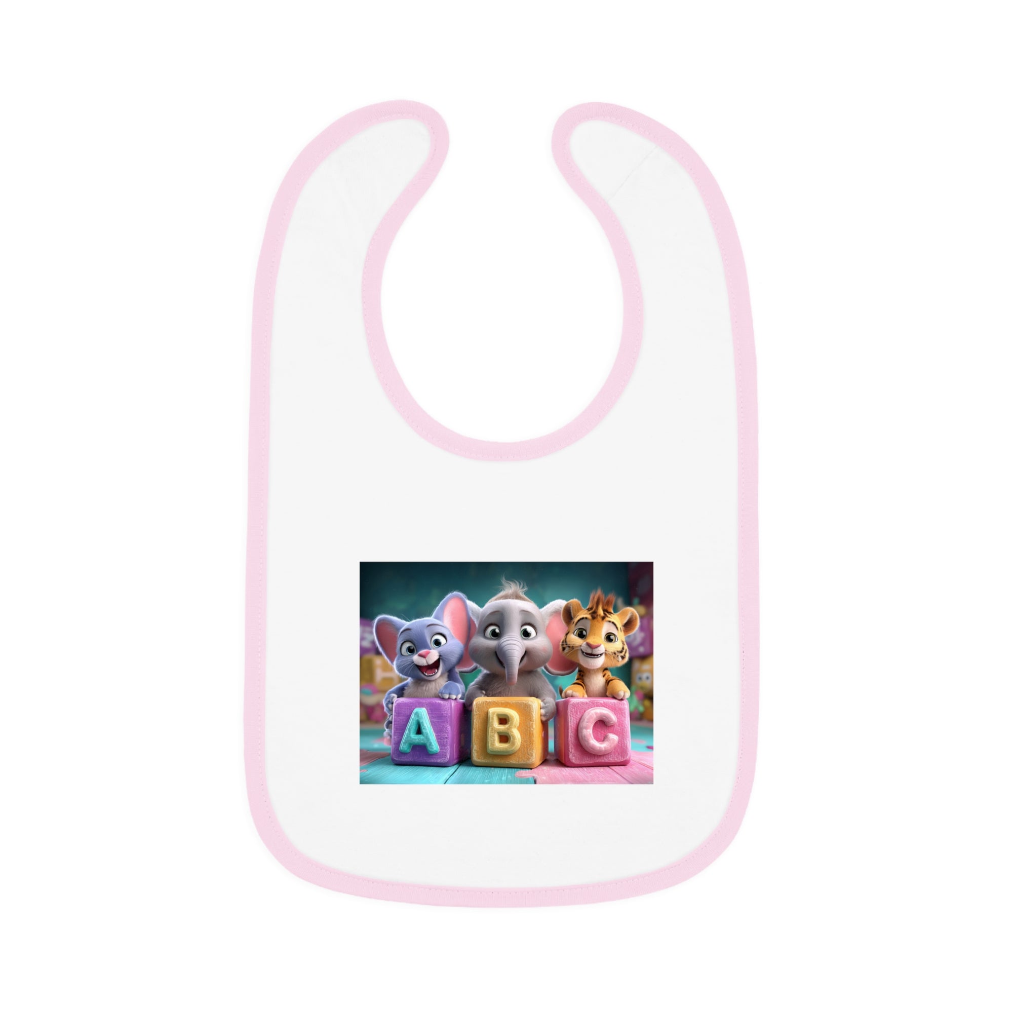 Baby Bib with Cute ABC Animal Blocks — Soft Contrast Trim Feeding Bib