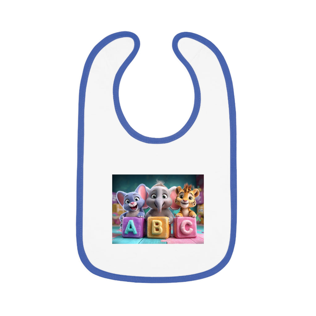 Baby Bib with Cute ABC Animal Blocks — Soft Contrast Trim Feeding Bib
