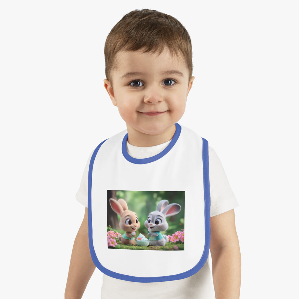 Baby Contrast Trim Jersey Bib - Bunnies eating yogurt