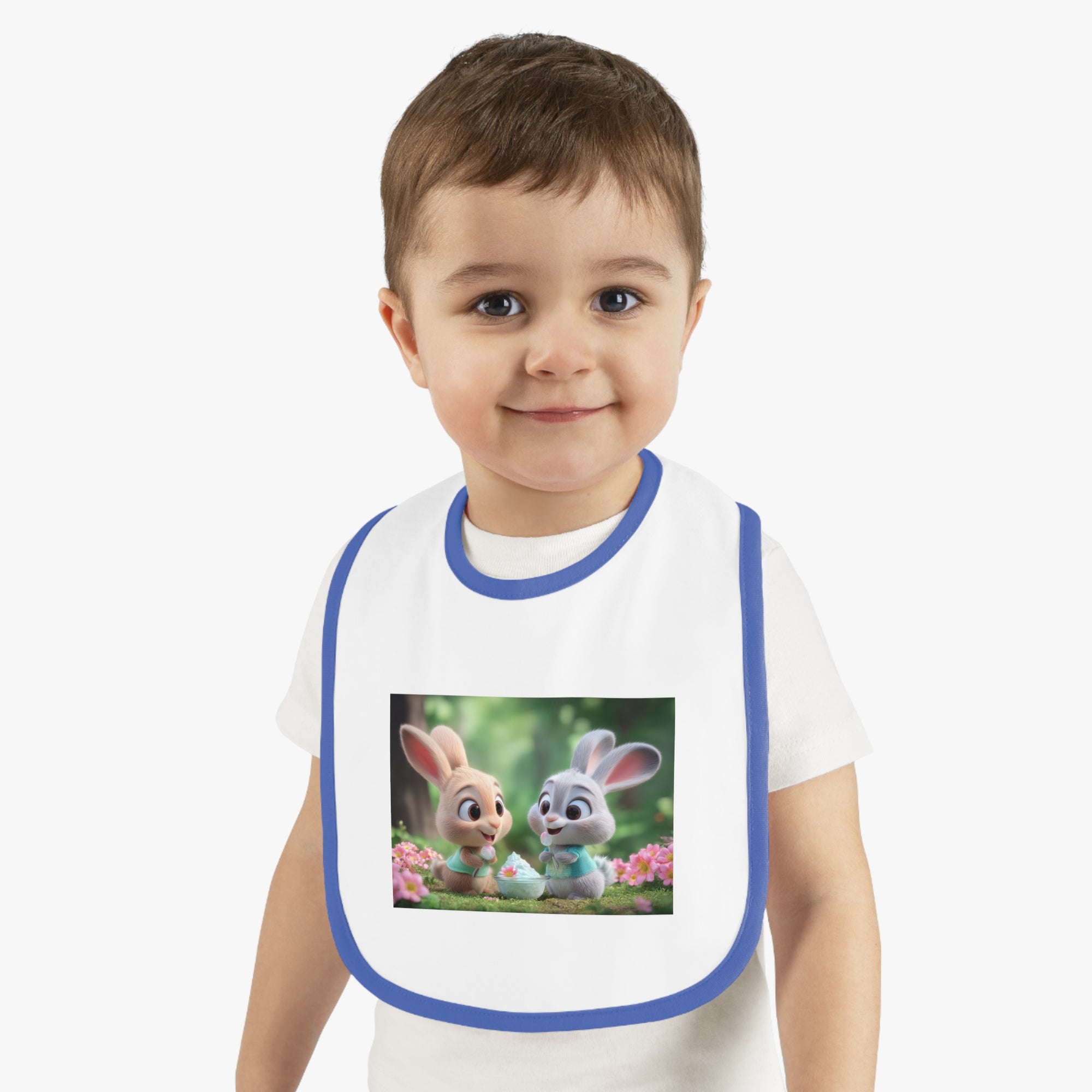 Baby Contrast Trim Jersey Bib - Bunnies eating yogurt